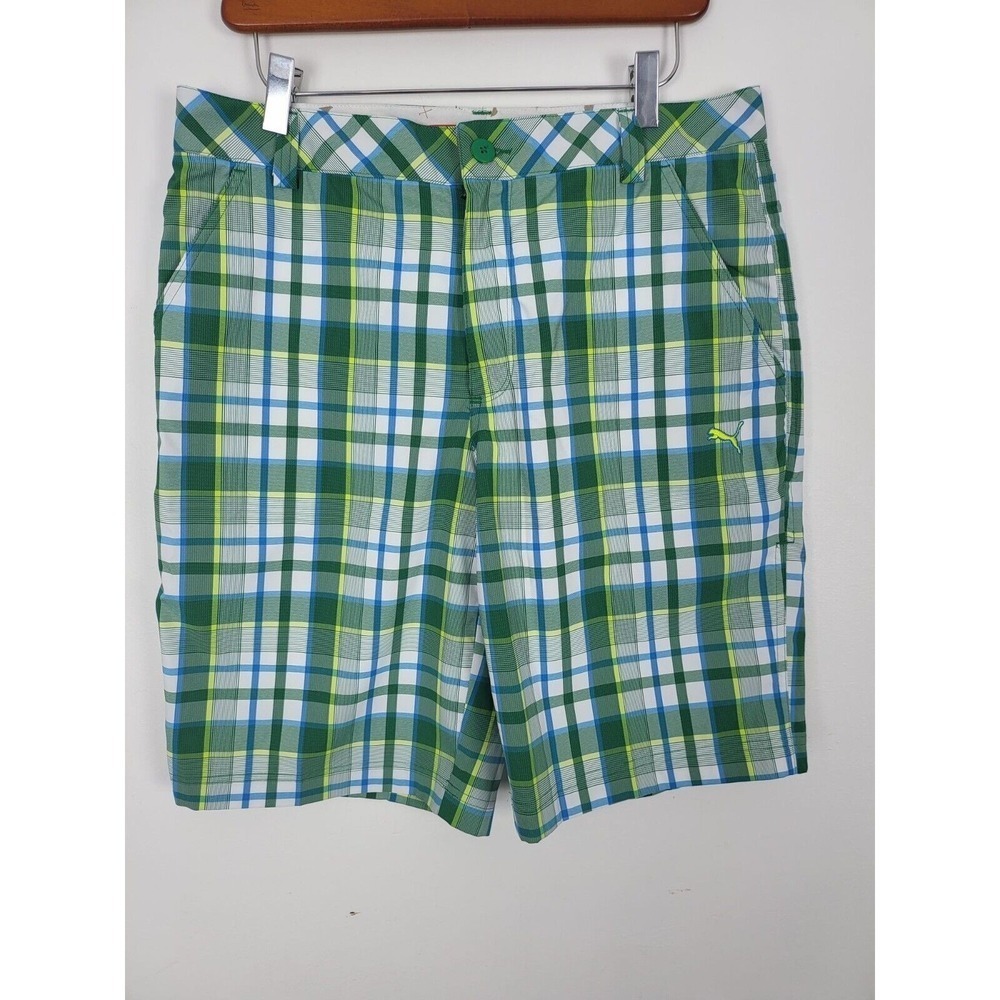Puma Golf Shorts 32 Mens Green Blue Pockets Mid Rise Zip Up Sports Disc Sports